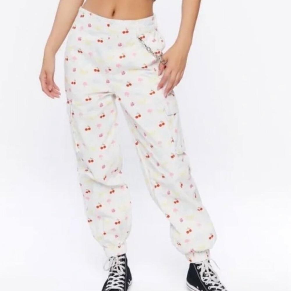 Forever 21 Strawberry mushroom cherry novelty cottagecore cream cargo pants sz M